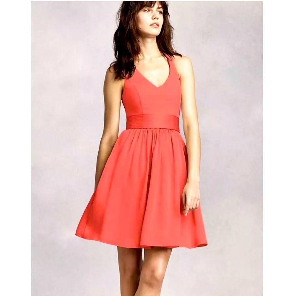 Vera Wang White Mini Cocktail Halter Belted Dress Coral Reef Size 4 Wedding Glam